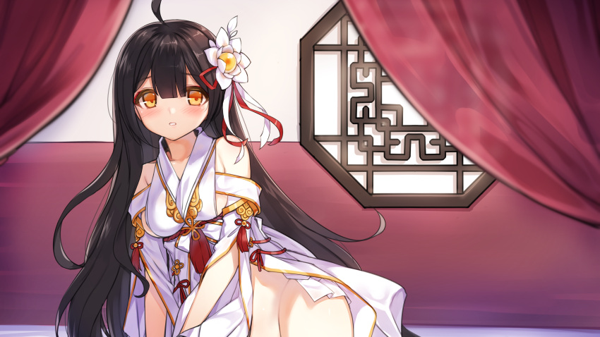 1girl, ahoge, apsara_(elsword), ara_han, bangs, bare_shoulders, black_hair, blush