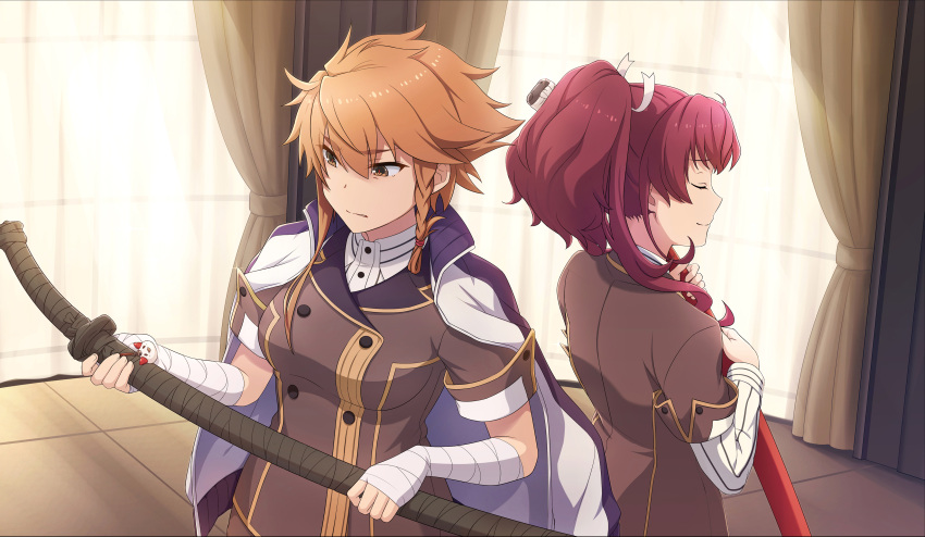 2girls, absurdres, back-to-back, bandaged_arm, bandages, bangs, braid, brown_hair