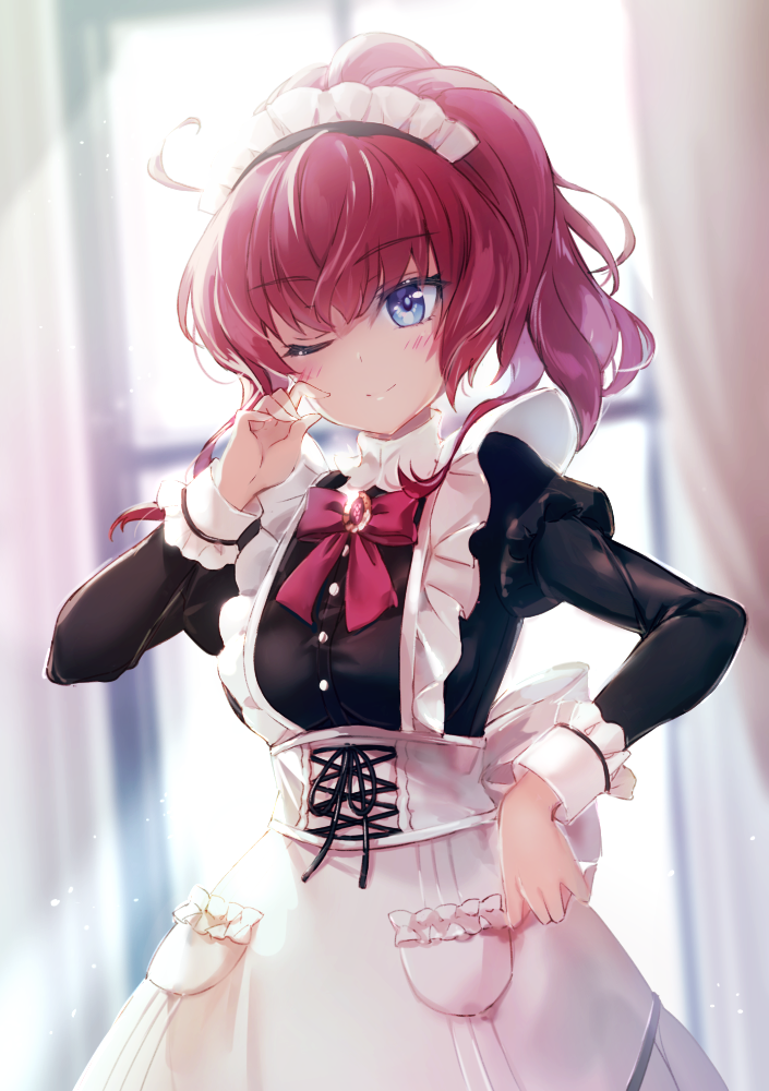 1girl, ;), apron, bangs, blue_eyes, blush, bow, breasts