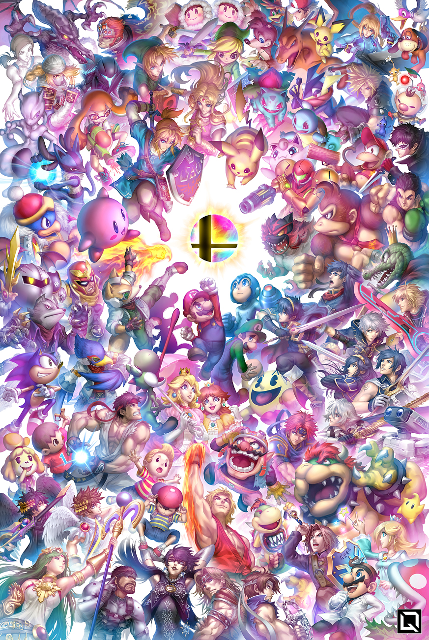 6+boys, 6+girls, alph_(pikmin), amamiya_ren, ancient_minister, angel, animal, animal_crosing_wild_world, animal_crossing, animal_crossing:_new_leaf, arm_cannon, armlet, armor, atlus, banjo-kazooie, banjo_(banjo-kazooie), bayonetta, bayonetta_(character), bayonetta_2, black_hair, blonde_hair, blue_(pokemon), blue_bodysuit, blue_eyes, blue_hair, bodysuit, bowser, bowser_jr., breasts, brown_hair, bytan, capcom, cape, captain_falcon, castlevania, castlevania:_rondo_of_blood, charizard, chiko_(mario), chrom_(fire_emblem), closed, cloud_strife, commentary, corrin_(fire_emblem), corrin_(fire_emblem)_(male), crown, dark_pit, deviantart, diddy_kong, doctor, dog_(duck_hunt), donkey_kong, donkey_kong_(series), doubutsu_no_mori, dr._mario, dr._mario_(game), dragon_quest, dragon_quest_xi, dress, duck_(duck_hunt), duck_hunt, elf, english_commentary, everyone, f-zero, facial_hair, falco_lombardi, family_computer_robot, final_fantasy, final_fantasy_vii, fire_emblem, fire_emblem:_fuuin_no_tsurugi, fire_emblem:_kakusei, fire_emblem:_mystery_of_the_emblem, fire_emblem:_path_of_radiance, fire_emblem:_souen_no_kiseki, fire_emblem:_the_binding_blade, fire_emblem_awakening, fire_emblem_fates, fire_emblem_heroes, fire_emblem_if, fox_mccloud, game_freak, ganondorf, gen_1_pokemon, gen_2_pokemon, gen_4_pokemon, gen_7_pokemon, gloves, goddess, gown, green_eyes, green_hair, greninja, headband, hero_(dq11), high_ponytail, highres, hoshi_no_kirby, human, hylian, ice_climber, iggy_koopa, ike, imp, incineroar, inkling, intelligent_systems, ivysaur, jigglypuff, kazooie_(banjo-kazooie), ken_masters, kid_icarus, kid_icarus_uprising, king_dedede, king_k._rool, kirby, kirby_(series), konami, kuroi-tsuki, larry_koopa, left-handed, lemmy_koopa, link, little_mac, long_hair, lucario, lucas, lucina, ludwig_von_koopa, luigi, mamkute, mario, marth, master_sword, mega_man_(character), mega_man_(classic), mega_man_(series), megami_tensei, meta_knight, metal_gear_(series), metal_gear_solid, metroid, mewtwo, microsoft, mii_(nintendo), mole, mole_under_mouth, morton_koopa_jr., mother_(game), mother_2, mother_3, mr._game_&amp;_watch, multiple_boys, multiple_girls, mustache, nana_(ice_climber), ness, nintendo, nintendo_ead, oideyo!_doubutsu_no_mori, olimar, olm_digital, open_mouth, pac-man, pac-man_(game), palutena, palutena_no_kagami, persona, persona_5, pichu, pikachu, pikmin_(creature), pikmin_(series), piranha_plant, pit_(kid_icarus), plant, platinum_games_inc., plumber, pointy_ears, poke_ball, pokemon, pokemon_(creature), pokemon_(game), pokemon_dppt, pokemon_sm, pokemon_trainer, pokemon_xy, ponytail, popo_(ice_climber), poppant, power_armor, power_suit, prince, princes, princess_daisy, princess_peach, princess_zelda, punch-out!!, purple_hair, rareware, reatures_(company), red_(pokemon), redhead, richter_belmondo, ridley, robin_(fire_emblem), robin_(male)_(fire_emblem), rockman, rockman_(character), rockman_(classic), rosalina, roy_(fire_emblem), roy_koopa, ryuu_(street_fighter), samus_aran, sega, sheik, shield, shizue_(doubutsu_no_mori), short_hair, shulk, simon_belmondo, simple_background, skin_tight, smash_ball, smile, solid_snake, sonic, sonic_(series), sonic_the_hedgehog, sora_(company), splatoon_(series), square_enix, squirtle, star_fox, super_mario_bros., super_mario_galaxy, super_smash_bros., super_smash_bros._ultimate, super_smash_bros_64, super_smash_bros_brawl, super_smash_bros_for_wii_u_and_3ds, super_smash_bros_melee, the_legend_of_zelda, the_legend_of_zelda:_a_link_between_worlds, the_legend_of_zelda:_breath_of_the_wild, the_legend_of_zelda:_ocarina_of_time, tobidase:_doubutsu_no_mori, toei_animation, toon_link, triforce, tunic, varia_suit, villager_(doubutsu_no_mori), wario, wario_land, warioware, weapon, wendy_o._koopa, wii_fit, wii_fit_trainer, wolf_o'donnell, xenoblade_(series), xenoblade_1, yoshi, young_link, zelda_no_densetsu, zero_suit