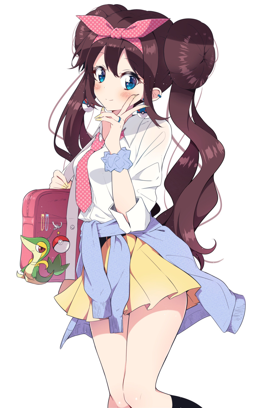 1girl, absurdres, bag, bag_charm, bangs, black_legwear, blue_cardigan, blue_eyes, blue_scrunchie, blush, bokkun_(doyagaobyo), breasts, brown_hair, brown_nails, cardigan, cardigan_around_waist, character_request, charm_(object), closed_mouth, clothes_around_waist, collared_shirt, double_bun, dress_shirt, earrings, eyebrows_visible_through_hair, fingernails, hair_between_eyes, hair_ribbon, hand_up, highres, jewelry, kneehighs, long_hair, medium_breasts, mei_(pokemon), nail_polish, necktie, pink_ribbon, pleated_skirt, poke_ball, poke_ball_(generic), poke_ball_earrings, pokemon, pokemon_(game), polka_dot_neckwear, polka_dot_ribbon, ribbon, school_bag, school_uniform, scrunchie, shirt, side_bun, skirt, smile, solo, sparkling_eyes, twintails, unmoving_pattern, v, very_long_hair, white_shirt, wrist_scrunchie, yellow_shirt