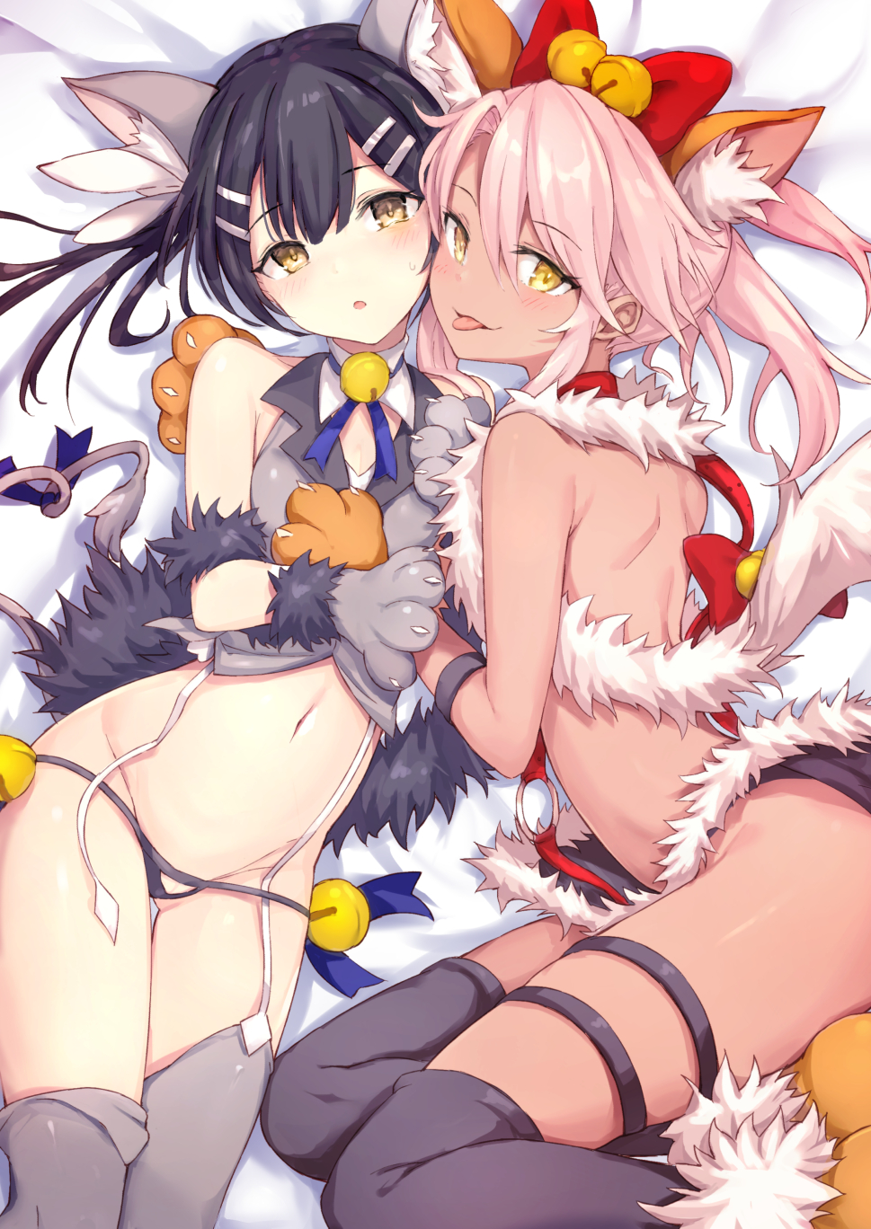2girls, :p, animal_ears, bell, black_hair, black_legwear, black_panties, blush