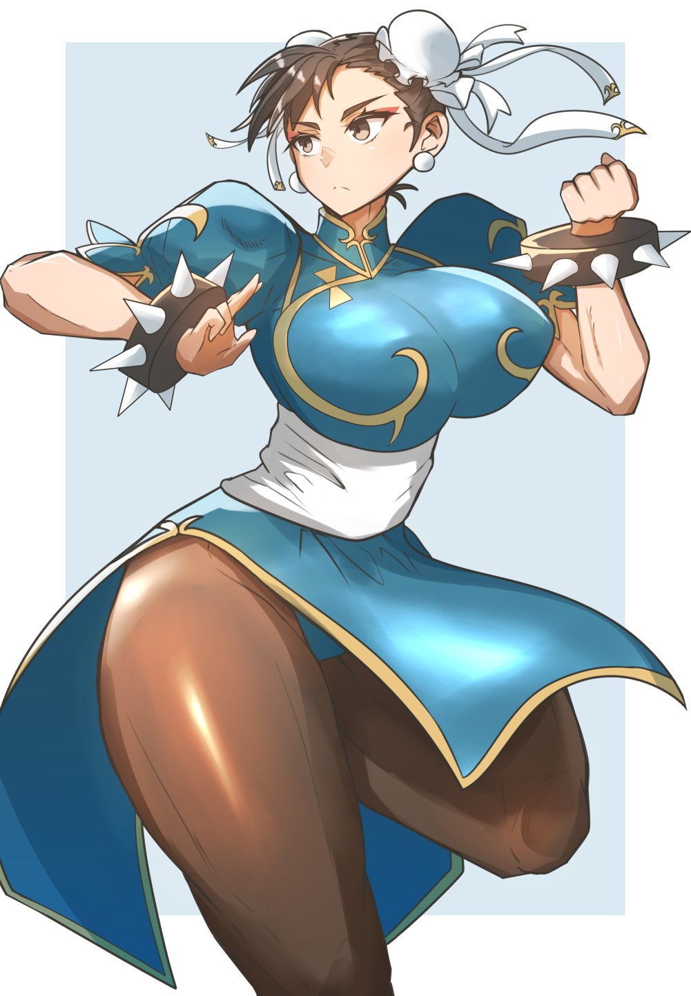 1girl, blue_background, blue_dress, border, bracelet, breasts, brown_eyes, brown_hair, brown_legwear, bun_cover, china_dress, chinese_clothes, chun-li, clenched_hand, cowboy_shot, double_bun, dress, earrings, eyebrows, eyeshadow, fighting_stance, frown, gin_moku, highres, huge_breasts, jewelry, large_breasts, makeup, muscle, pantyhose, pelvic_curtain, puffy_short_sleeves, puffy_sleeves, sash, short_sleeves, side_slit, solo, spiked_bracelet, spikes, standing, standing_on_one_leg, street_fighter, thick_thighs, thighs, unitard, white_border