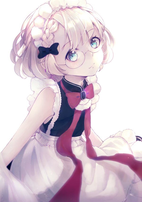 1girl, apron, bare_shoulders, black_bow, black_shirt, blonde_hair, blush, bow, braid, closed_mouth, commentary_request, g36_(girls_frontline), girls_frontline, glasses, green_eyes, hair_bow, maid_headdress, red_bow, shirt, simple_background, single_braid, sleeveless, sleeveless_shirt, smile, solo, white_apron, white_background, yuizayomiya