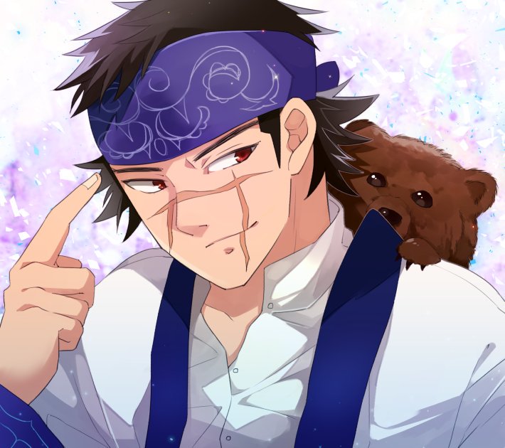 1boy, 310_(satopoppo), ainu_clothes, asirpa, asirpa_(cosplay), bandana, bear, black_hair, cosplay, costume_switch, facial_scar, golden_kamuy, red_eyes, scar, simple_background, sugimoto_saichi, upper_body