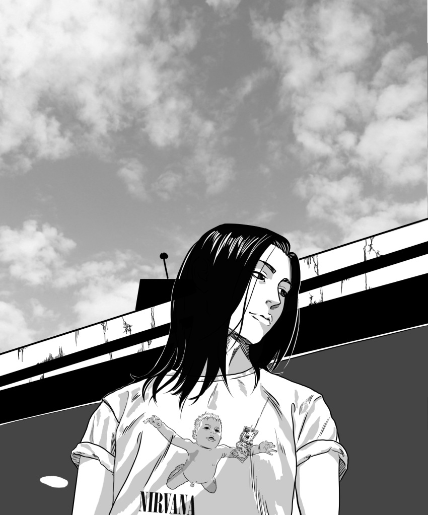 1boy, beck, black_eyes, black_hair, clouds, greyscale, highres, long_hair, male_focus, minami_ryuusuke, monochrome, nevermind, outdoors, shirt, short_sleeves, solo, t-shirt, upper_body, zerointel