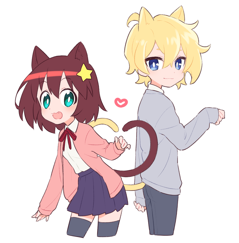 1boy, 1girl, :3, ahoge, alpha_omega_nova, animal_ears, black_legwear, blonde_hair