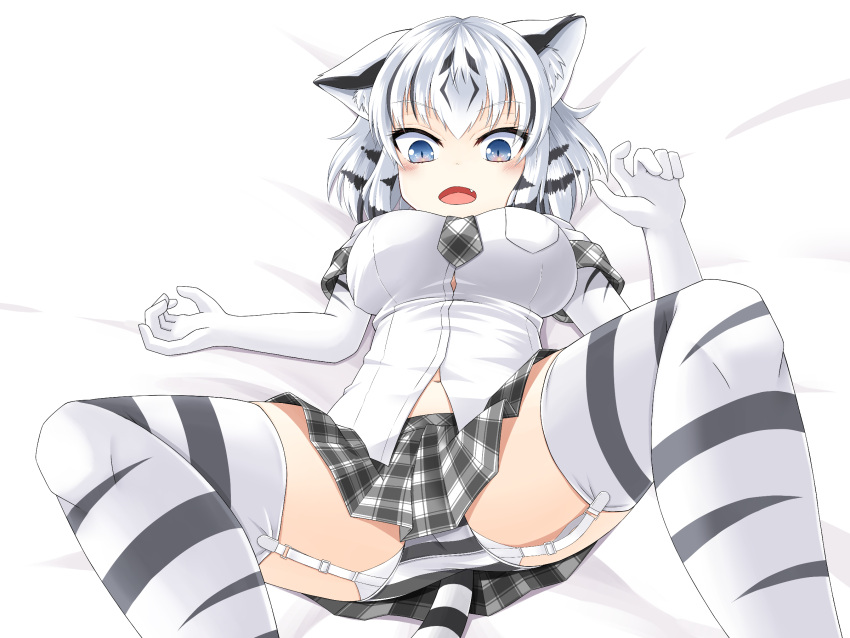 1girl, animal_ear_fluff, animal_ears, bed, black_hair, blue_eyes, blush, breasts
