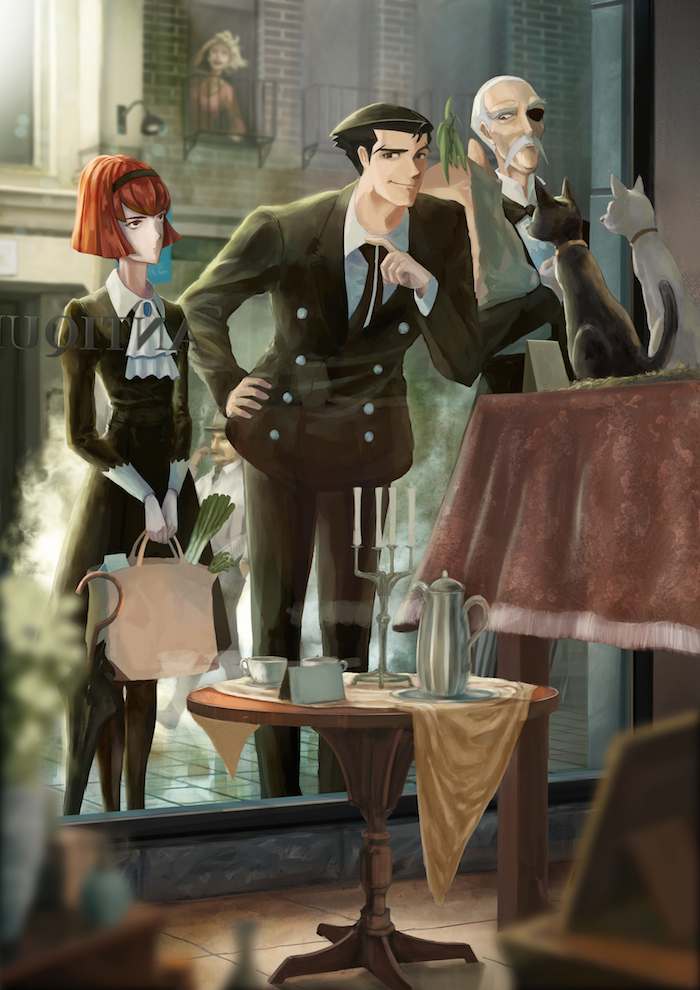 2boys, 2girls, bag, black_cat, black_dress, black_eyes, black_hair, black_suit