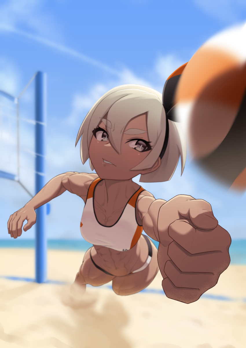1girl, abs, absurdres, ball, bare_arms, beach, beachball, bikini