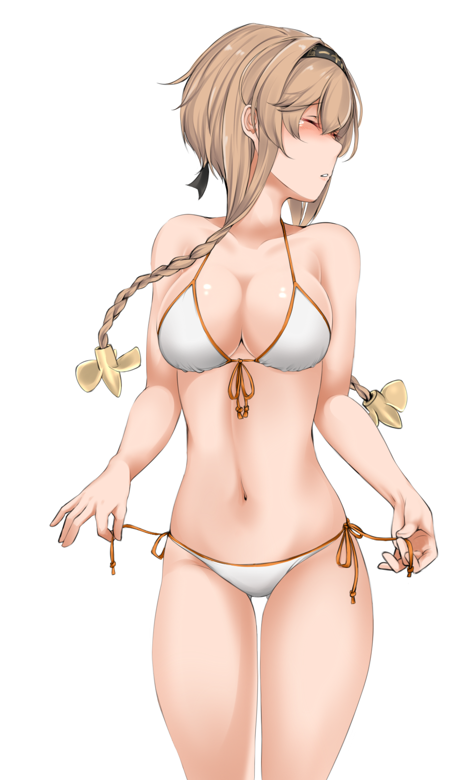 1girl, bikini, braid, breasts, closed_eyes, clothes_writing, cowboy_shot, front-tie_bikini