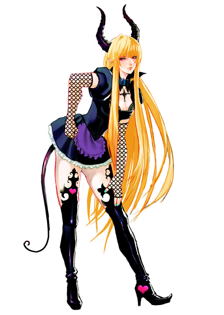 blonde_hair, boots, demon_girl, face, horns, long_hair, maid, tail, thigh-highs, thigh_boots, thighhighs, ueda_toraji