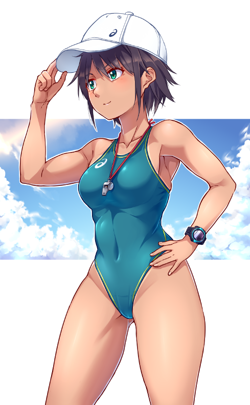 1girl, asics, baseball_cap, black_hair, blue_sky, breasts, clouds, collarbone