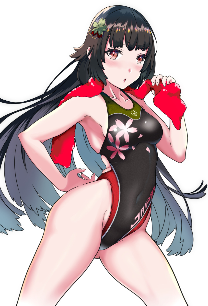 1girl, aiuchi, black_hair, black_swimsuit, blush, breasts, collarbone, competition_swimsuit