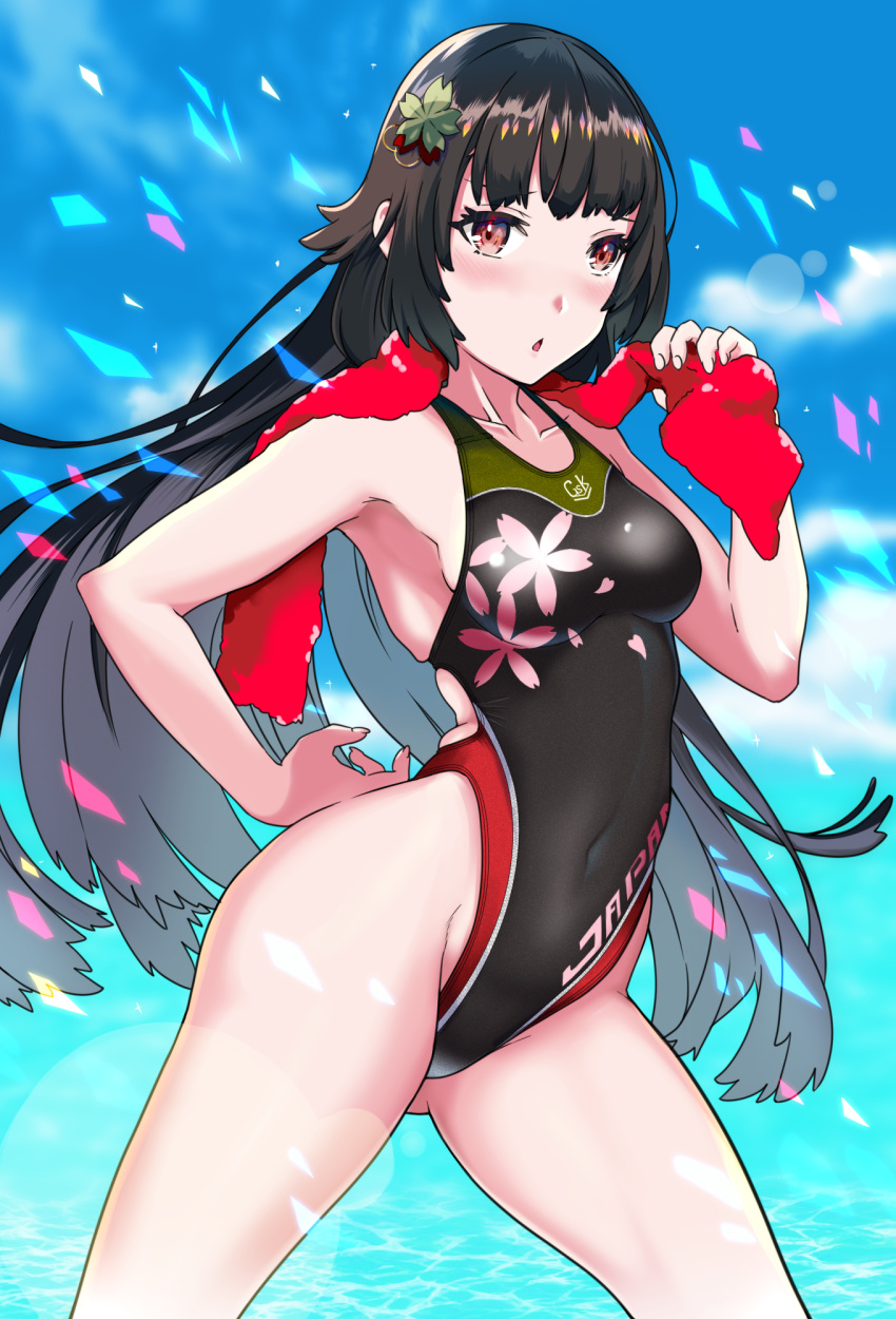 1girl, aiuchi, black_hair, black_swimsuit, blue_sky, blush, breasts, clouds
