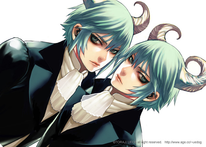 demon, face, green_eyes, green_hair, horns, male, short_hair, ueda_toraji