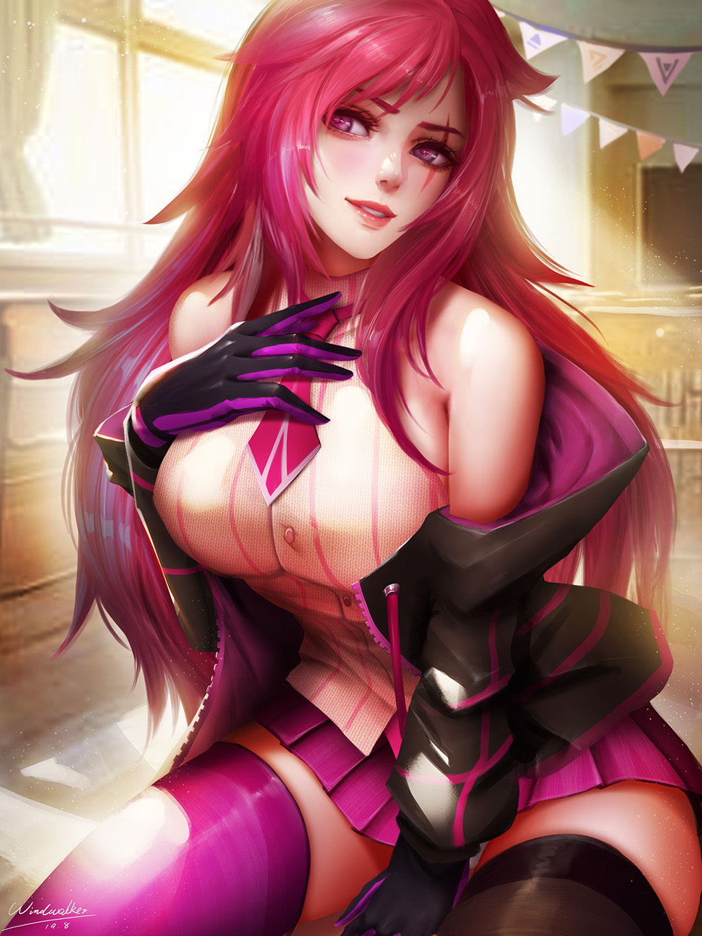1girl, bangs, belt, between_legs, black_legwear, blush, breasts, classroom