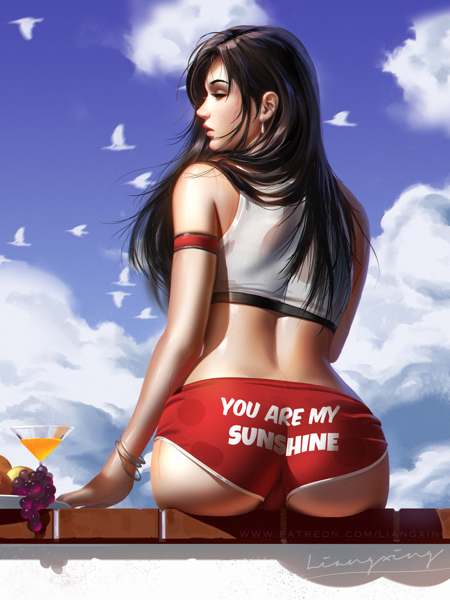 1girl, arm_strap, ass, bangle, bangs, bare_shoulders, bikini, bird, black_hair, blue_sky, blush, bracelet, breasts, brown_eyes, clothes_writing, clouds, cloudy_sky, cocktail_glass, cup, day, drink, drinking_glass, earrings, final_fantasy, final_fantasy_vii, food, from_behind, fruit, grapes, half-closed_eyes, highres, jewelry, large_breasts, liang_xing, long_hair, looking_to_the_side, makeup, mascara, on_wall, outdoors, patreon_username, red_bikini, sidelocks, signature, sitting, skindentation, sky, solo, swimsuit, tankini, tifa_lockhart, trefoil, watermark, wet, wet_clothes