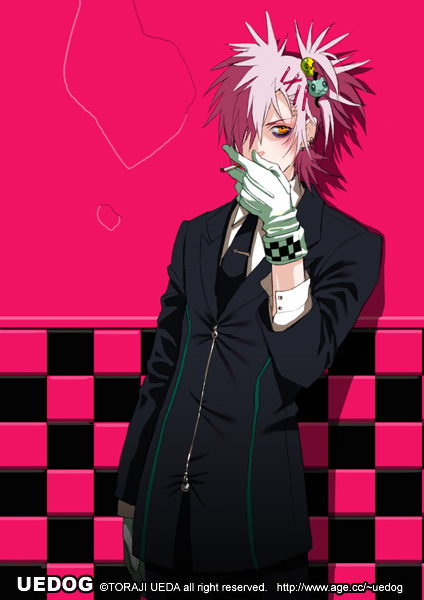 cigarette, face, formal, gloves, male, necktie, pink_hair, short_hair