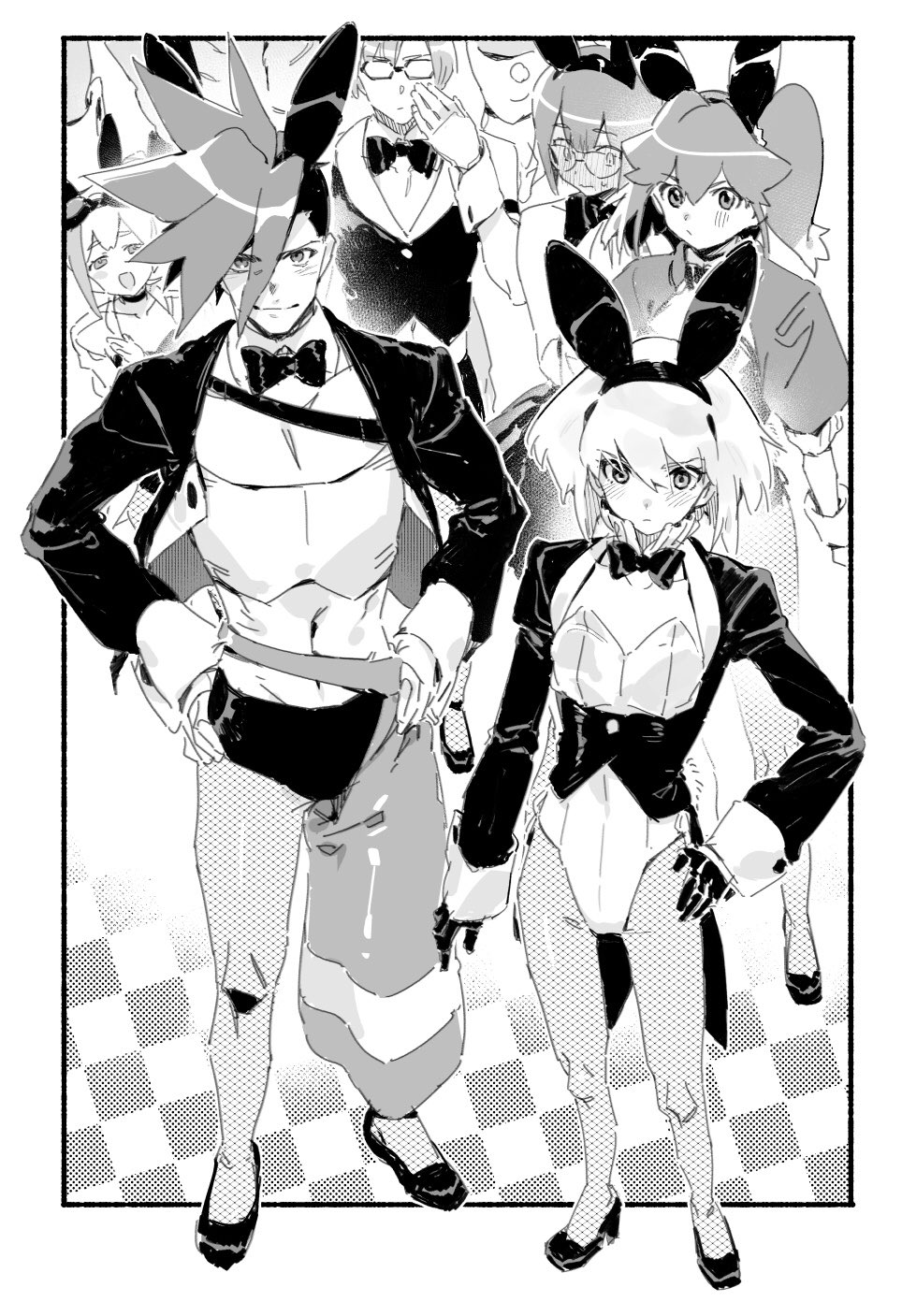 3boys, 3girls, aina_ardebit, animal_ears, bare_shoulders, black_jacket, blush, bow