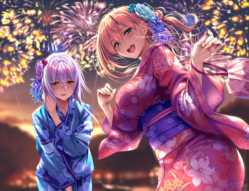 2girls, :d, aerial_fireworks, aqua_eyes, ayase_kaya, ayase_touka_(piromizu), bangs, blonde_hair, blue_kimono, blurry, blurry_background, blush, breasts, brown_eyes, collarbone, dutch_angle, eyebrows_visible_through_hair, fanbox_reward, fingernails, fireworks, floral_print, flower, hair_between_eyes, hair_flower, hair_ornament, hand_on_own_chest, hands_up, highres, japanese_clothes, kimono, large_breasts, long_fingernails, long_hair, long_sleeves, looking_at_viewer, multiple_girls, nail_polish, night, night_sky, obi, open_mouth, original, outdoors, paid_reward, pink_kimono, pink_nails, piromizu, pov, purple_hair, sash, sidelocks, sky, smile, teeth, upper_teeth, wide_sleeves, yukata