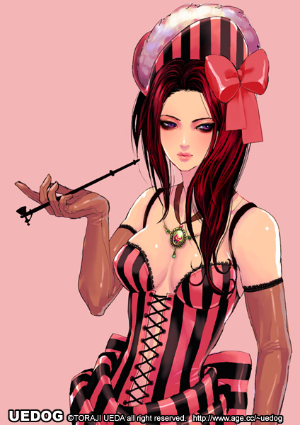 bow, brown_hair, corset, detached_sleeves, duplicate, elbow_gloves, face, gloves