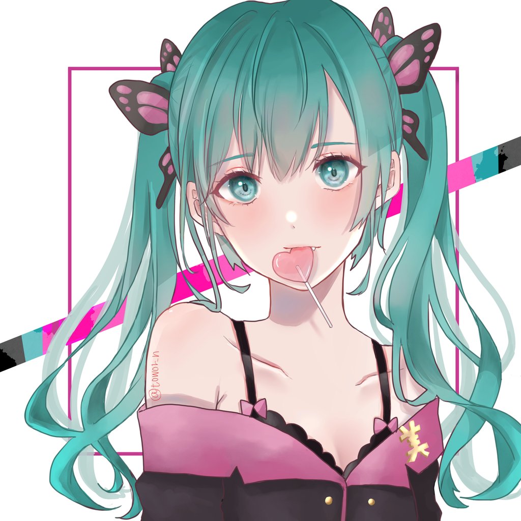 1girl, aqua_eyes, aqua_hair, bare_shoulders, butterfly_hair_ornament, candy, collarbone, fang