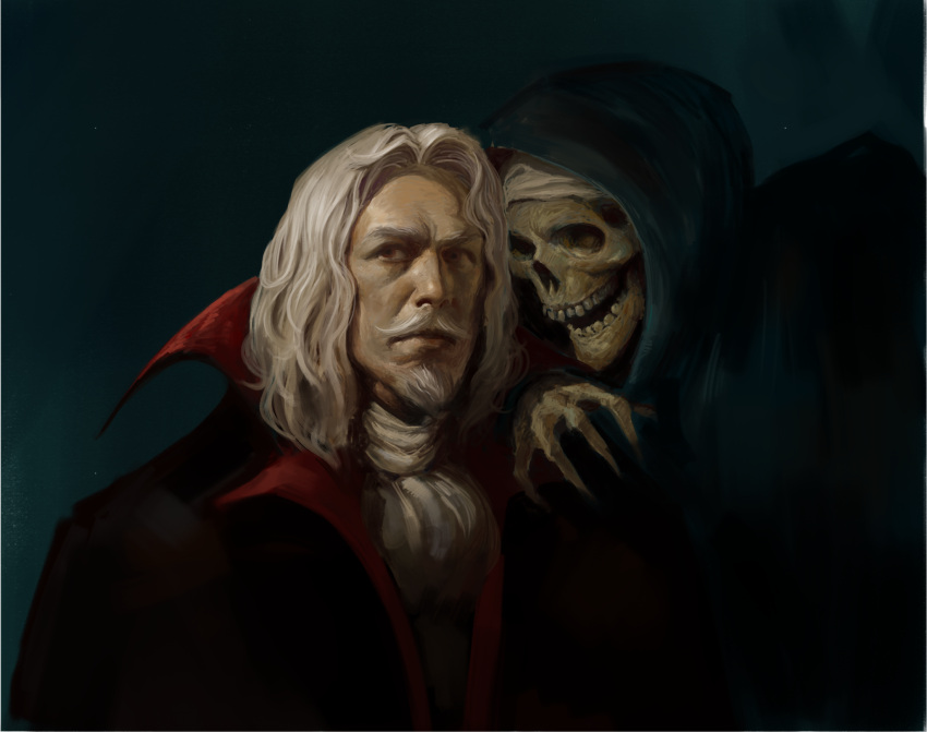 1boy, beard, bone, castlevania, castlevania:_symphony_of_the_night, commentary, cravat, dark_background