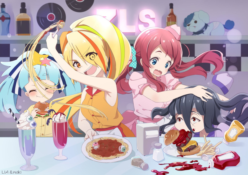 4girls, :d, :t, animal, arm_up, artist_name, artist_request, bangs