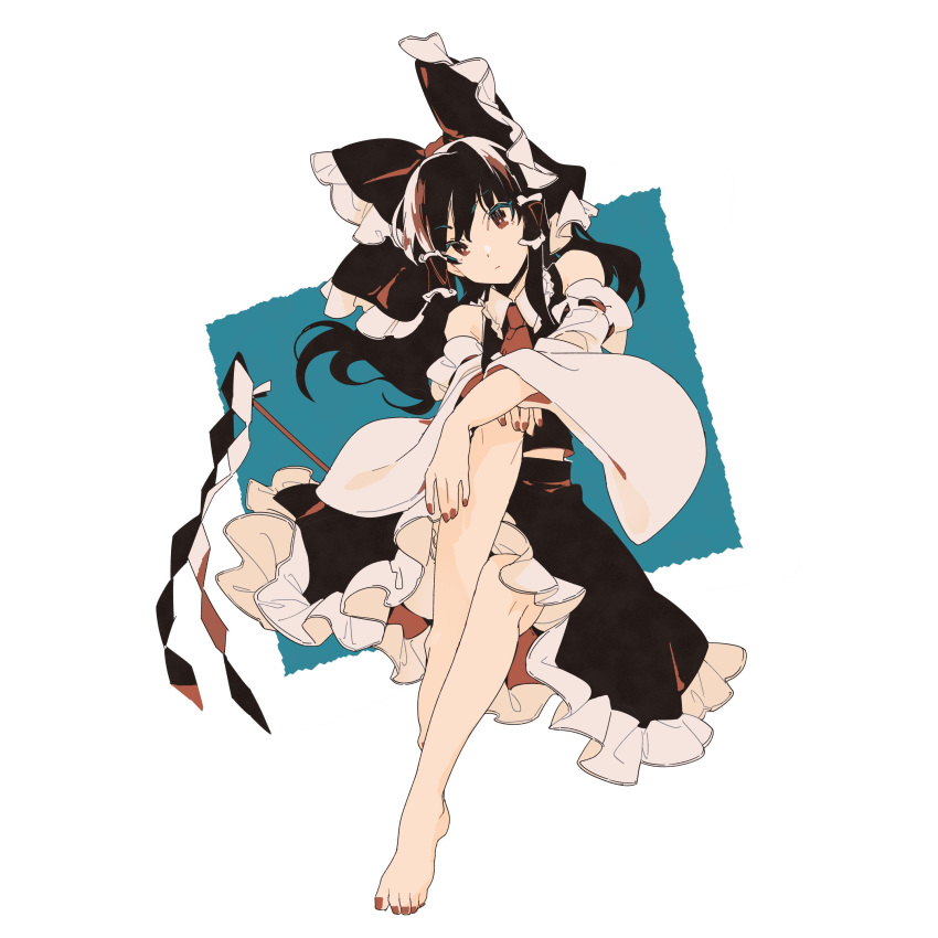 1girl, absurdres, bangs, bow, brown_hair, commentary, detached_sleeves, dress, eyebrows_visible_through_hair, feet, frilled_skirt, frills, full_body, hair_bow, hair_tubes, hakurei_reimu, head_tilt, highres, japanese_clothes, limited_palette, looking_at_viewer, midriff, nail_polish, neckerchief, nontraditional_miko, red_bow, red_nails, sidelocks, simple_background, sitting, skirt, solo, toenail_polish, toes, touhou, uxixe, wide_sleeves, yellow_neckwear