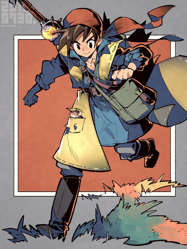 1boy, animal, bandana, bird_studio, black_hair, brown_hair, coat, dragon_quest
