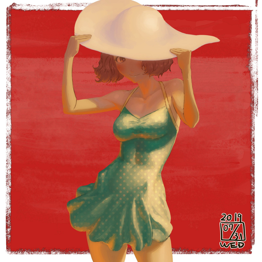 1girl, atlus, brown_eyes, brown_hair, cute, dress, hat, highres
