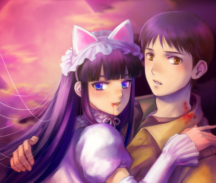 1girl, animal_ears, black_hair, blood, blue_eyes, cat_ears, couple, dress, gothic_lolita, hazuki, lolita_fashion, long_hair, morioka_kouhei, purple_hair, romantic, smile, tetsukuzu_tetsuko, tsukuyomi_moonphase, yellow_eyes