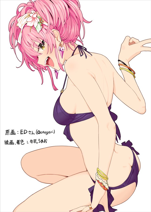 1girl, ass, back, bangs, bare_shoulders, bikini, blush, bracelet