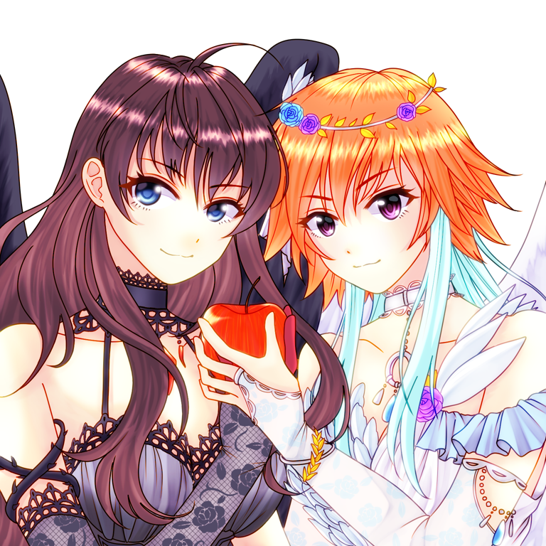 2girls, ahoge, angel_wings, apple, black_dress, black_gloves, black_wings, blue_eyes