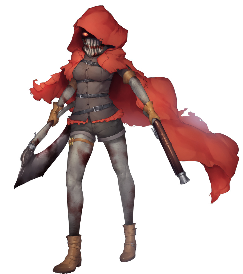 1girl, axe, bandaged_arm, bandaged_leg, bandages, bandana, bandana_over_mouth, bandolier, belt, belt_buckle, black_bandana, black_belt, black_shorts, blood, bloody_weapon, boots, breasts, brown_footwear, brown_shirt, buckle, bullet, buttons, cape, cartridge, dabuki, dual_wielding, full_body, gloves, gun, highres, holding, holding_axe, holding_gun, holding_weapon, hood, hood_up, hooded_cape, little_red_riding_hooded_mercenary, lobotomy_corporation, medium_breasts, multiple_belts, orange_eyes, orange_gloves, orange_sclera, red_cape, shirt, short_sleeves, shorts, simple_background, solo, thigh_strap, torn_cape, torn_clothes, weapon, white_background