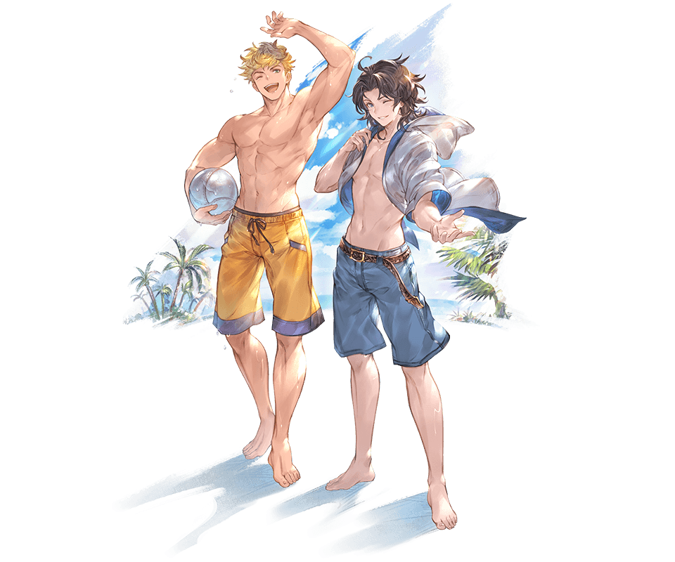 2boys, ;d, abs, adonis_belt, alpha_transparency, arm_up, barefoot, belt