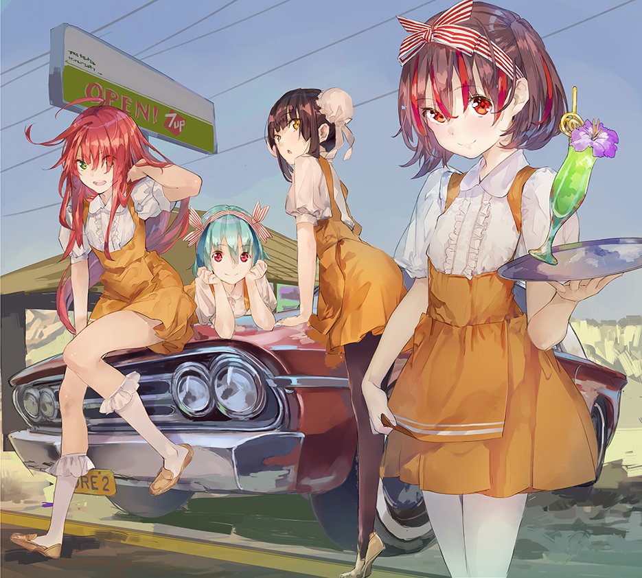 4boys, aqua_hair, band_yarouze!, black_hair, black_legwear, brown_hair, bun_cover, cart, crossdressinging, dress, drive-in, eyes_visible_through_hair, geta, green_eyes, highlights, looking_at_viewer, male_focus, miley_(band_yarouze!), mint_(band_yarouze!), multicolored_hair, multiple_boys, official_art, pantyhose, redhead, shelly_(band_yarouze!), waitress, yukiho_(band_yarouze!), yuugen