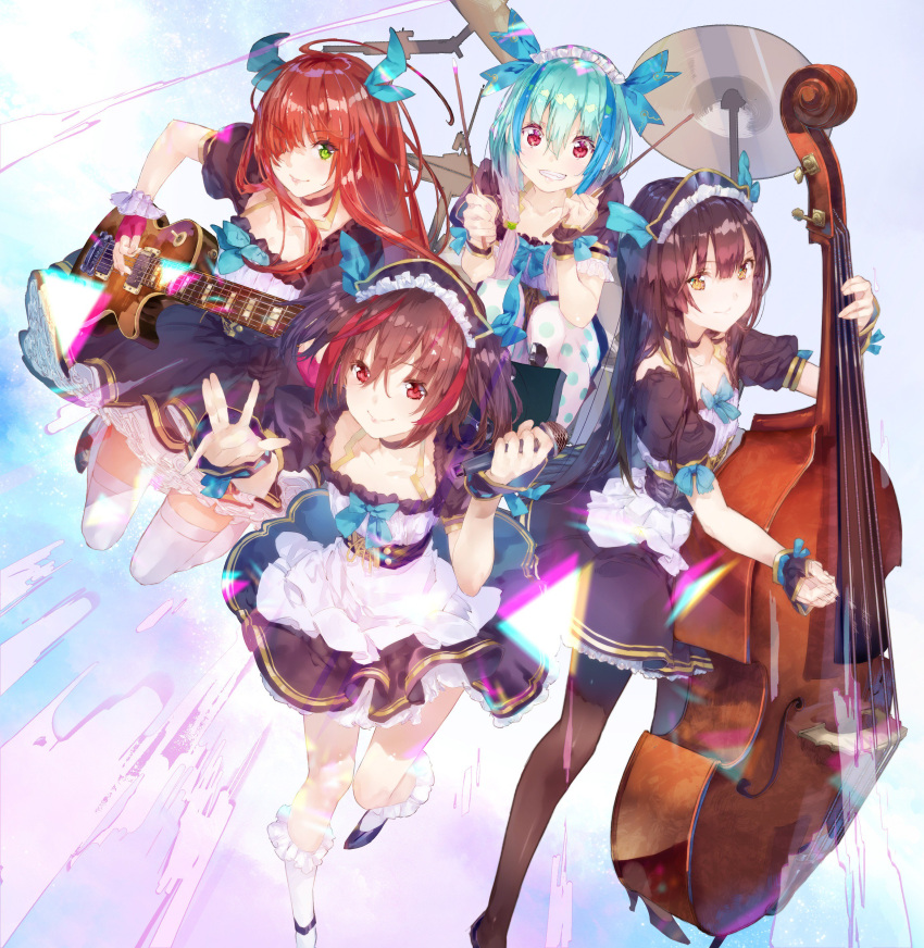 4boys, absurdres, alternate_costume, apron, aqua_hair, band, band_yarouze!, black_hair