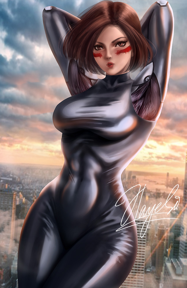 1girl, armpits, arms_up, backlighting, black_bodysuit, black_hair, bodysuit, breasts