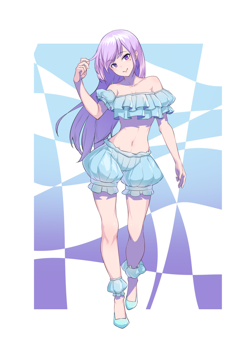 1girl, absurdres, bangs, bare_shoulders, bikini, blue_bikini, blue_bloomers, blue_footwear