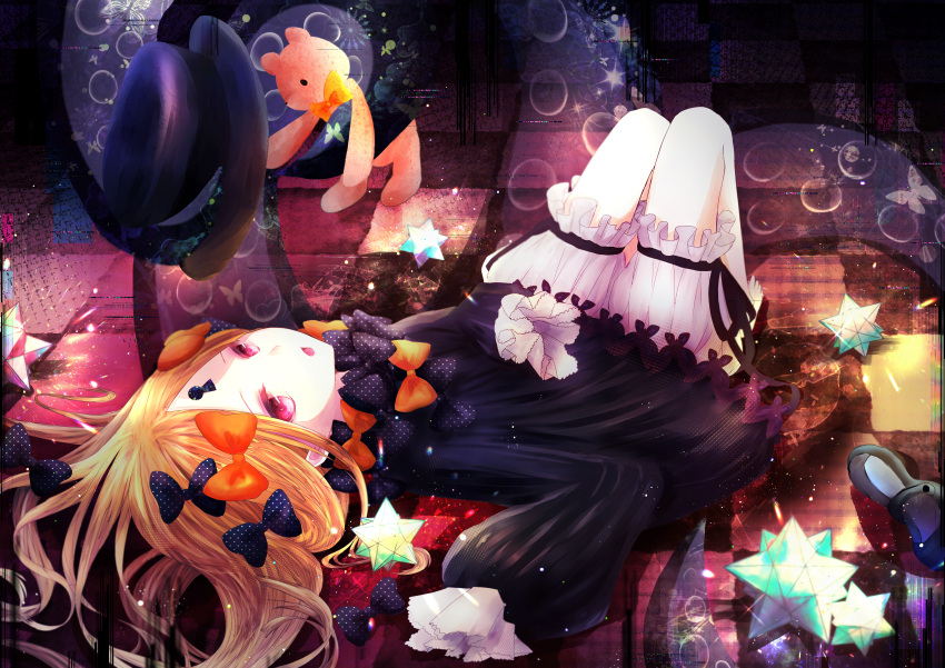 1girl, abigail_williams_(fate/grand_order), absurdres, black_bow, black_dress, black_ribbon, blonde_hair, bow, checkered, checkered_floor, dress, fate/grand_order, fate_(series), hair_bow, highres, huge_filesize, long_hair, lying, mel-melty, multiple_hair_bows, on_back, open_mouth, orange_bow, polka_dot, polka_dot_bow, red_eyes, ribbon, short_dress, short_shorts, shorts, shorts_under_dress, sleeves_past_fingers, sleeves_past_wrists, solo, stuffed_animal, stuffed_toy, teddy_bear, white_shorts