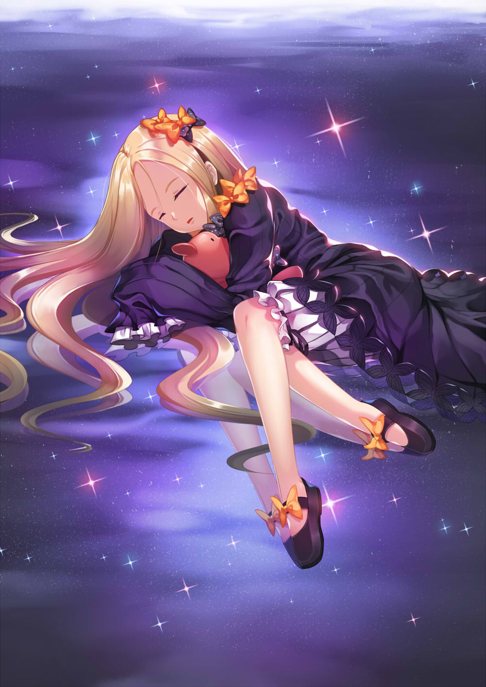 1girl, abigail_williams_(fate/grand_order), black_bow, black_dress, black_footwear, blonde_hair, bow, closed_eyes