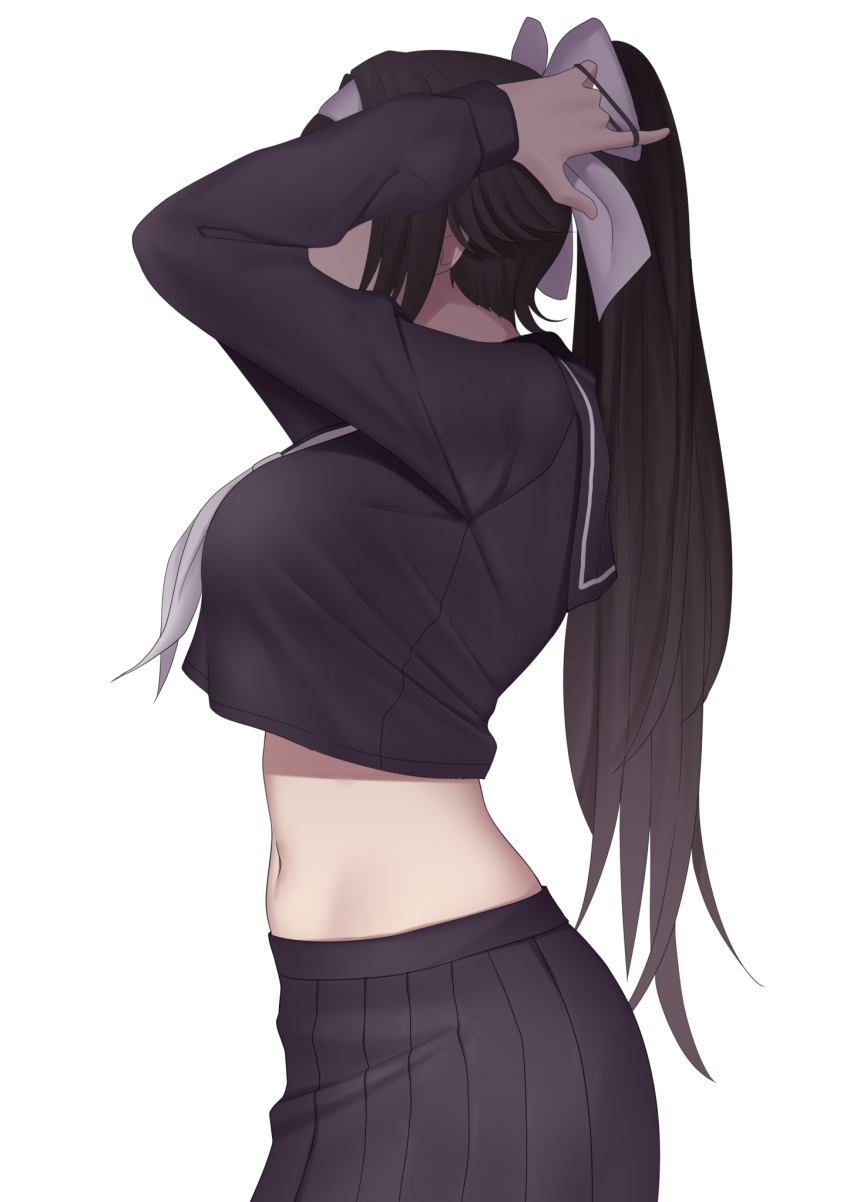 1girl, azur_lane, black_hair, black_sailor_collar, black_serafuku, black_shirt, black_skirt, bow