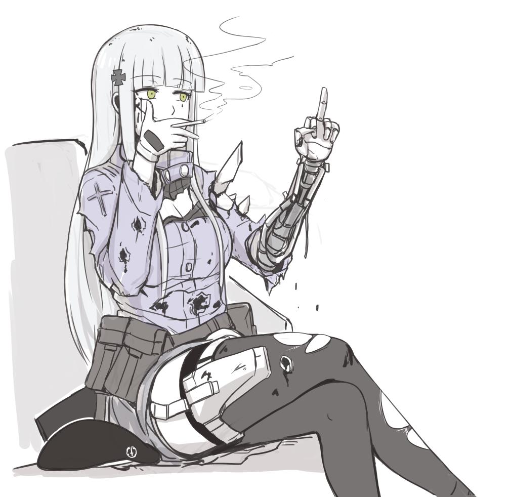 1girl, bangs, bleeding, blood, blood_on_face, bruise, bullet_hole, cigarette