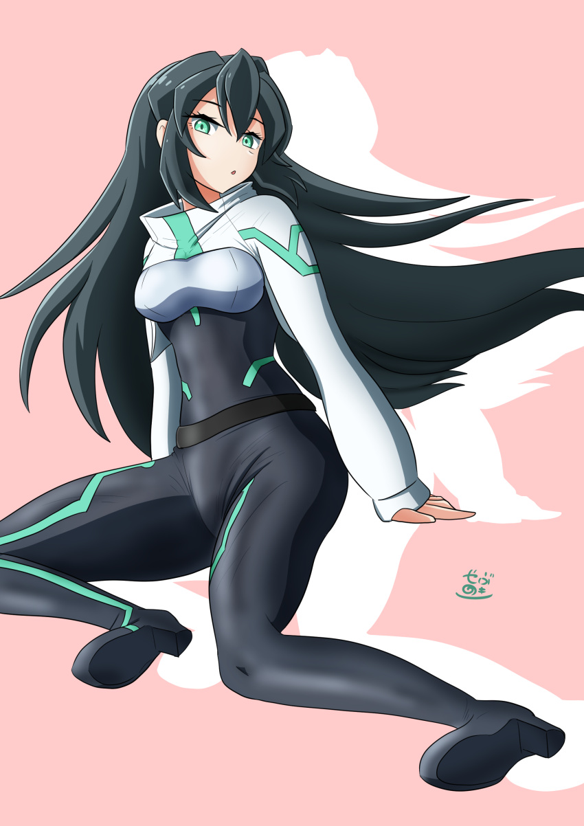 1girl, absurdres, bangs, black_hair, bodysuit, breasts, commentary_request, green_eyes