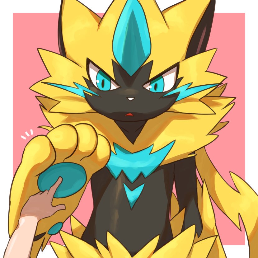 2others, animal_ears, blue_eyes, border, cat_ears, cat_tail, commentary_request, creatures_(company), furry, game_freak, hand_up, human, jpeg_artifacts, legendary_pokemon, makotou, nintendo, olm_digital, open_mouth, pawpads, paws, pink_background, pokemon, pokemon_(anime), pokemon_(creature), pokemon_(game), pokemon_usum, poking, pov, simple_background, solo_focus, tail, upper_body, whiskers, white_border, zeraora