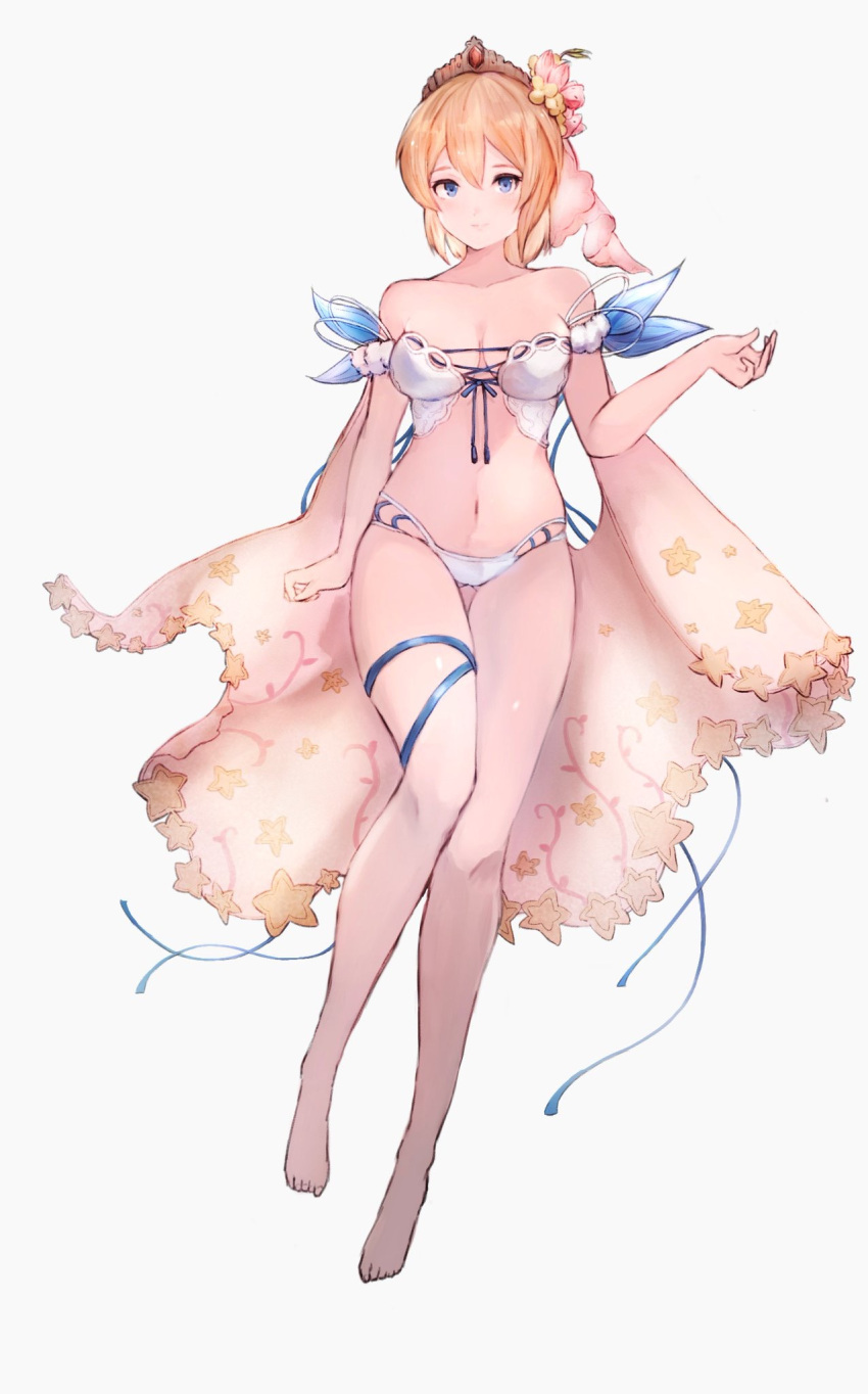 1girl, anmitsuya, bare_shoulders, bikini, blonde_hair, blue_eyes, blue_ribbon, europa_(granblue_fantasy), flower, granblue_fantasy, hair_flower, hair_ornament, highres, looking_at_viewer, navel, ribbon, short_hair, smile, strapless, strapless_bikini, swimsuit, tiara, white_bikini