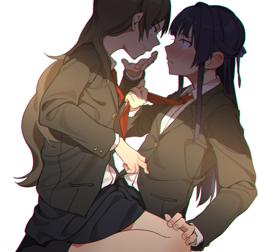 2girls, black_hair, black_jacket, black_legwear, black_skirt, blazer, blue_eyes, blurry, blush, brown_hair, closed_mouth, commentary_request, dress_shirt, from_side, frown, glowing, glowing_eyes, highres, idolmaster, idolmaster_million_live!, jacket, kitazawa_shiho, kneeling, leaning_back, leaning_forward, long_hair, long_sleeves, looking_at_another, miniskirt, mogami_shizuka, multiple_girls, necktie, necktie_grab, neckwear_grab, partial_commentary, red_neckwear, roivas, shirt, simple_background, sitting, skirt, smile, socks, straddling, unbuttoning, white_background, white_shirt, wing_collar, yellow_eyes, yuri