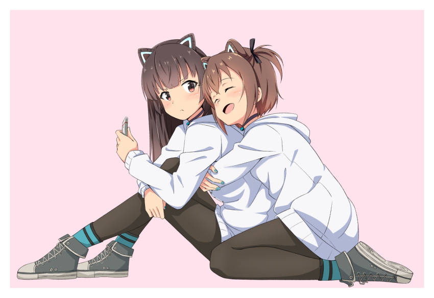 2girls, :d, ^_^, animal_ears, aqua_nails, black_pants, blush, border